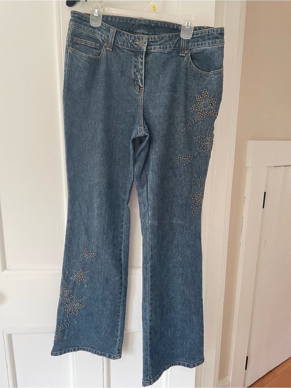 Womens 12 Vintage Y2K Embellished Floral Flare Jeans Western Boho Fairy Grunge